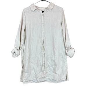 Tahari Light Beige Button-Down Tunic Shirt with Roll-Tab Sleeves